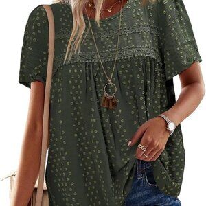 Womens Summer Tops Crewneck Short Sleeve Shirts Casual Chiffon Blouses Flowy Lac